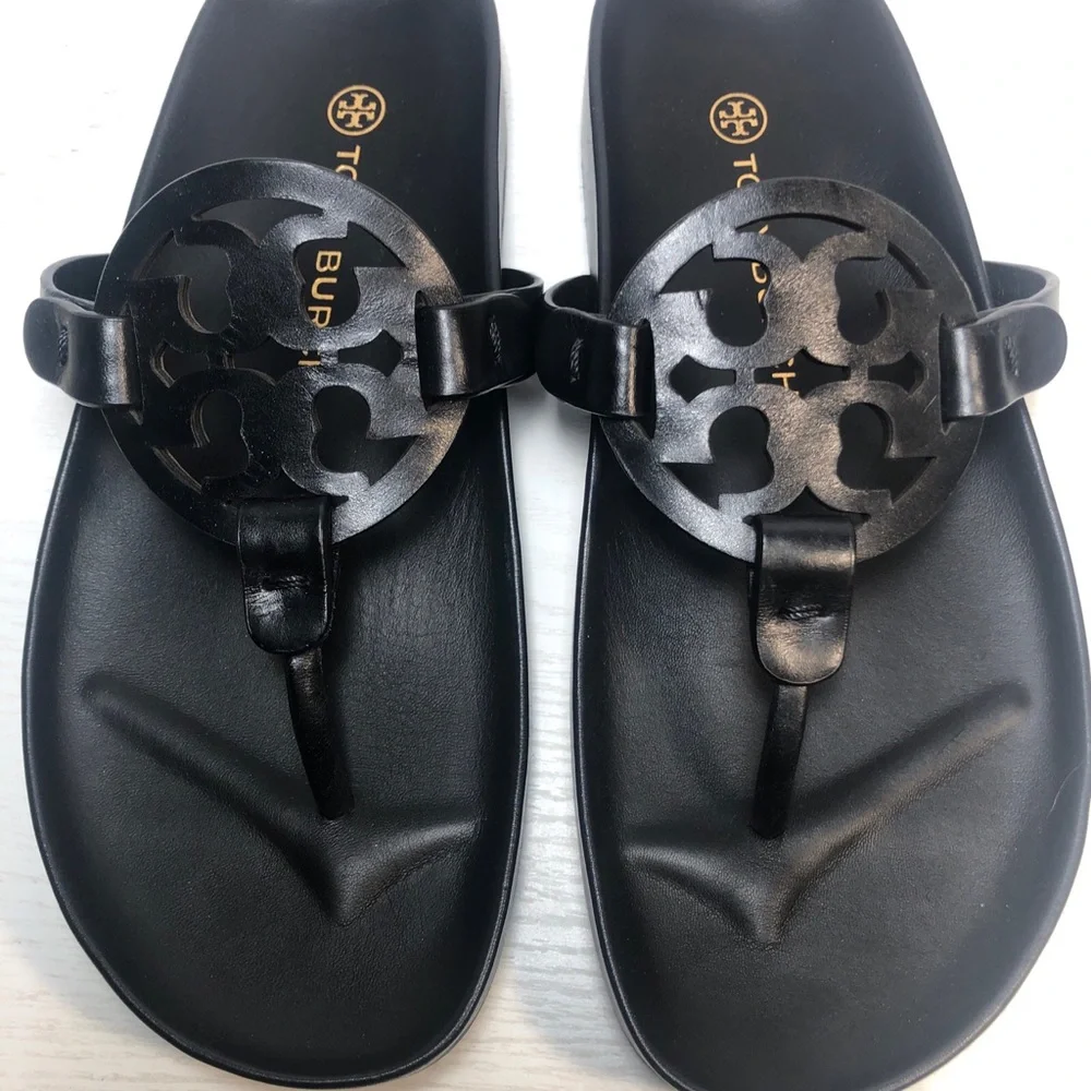 New Tory Burch Miller Cloud Leather Thong Black Sandals Women’s Size 7